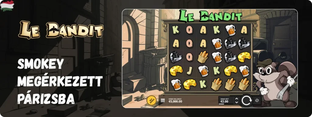 Le Bandit játékmező mosómedve maszkottal és szimbólumokkal